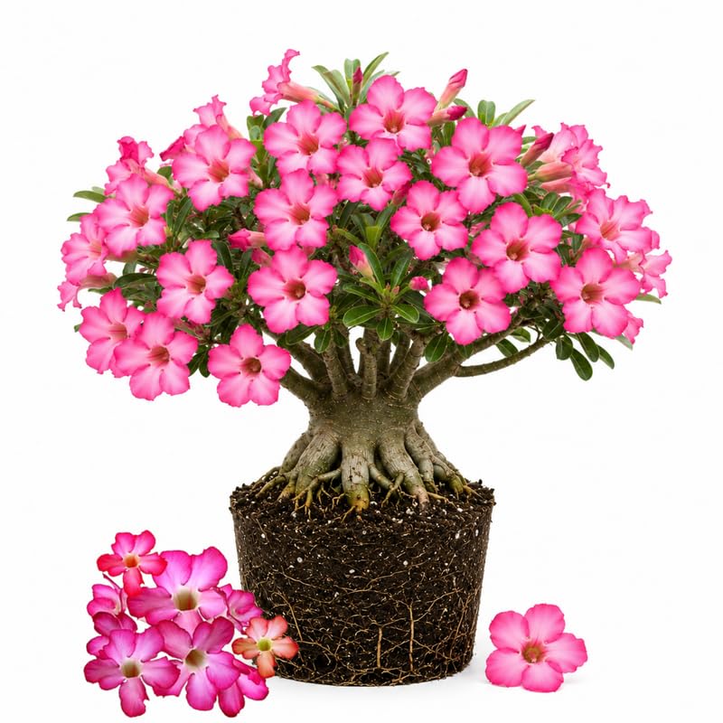 Pink Desert Rose Live Plant 4-7 Inches, Colorful Adenium Obesum Succulent Plants for Indoor Outdoor, Hardy, Ready to Grow